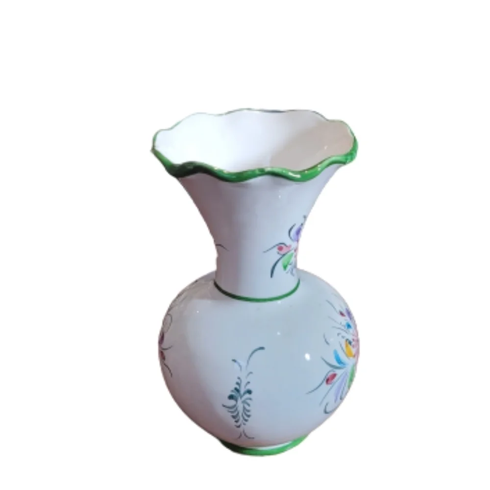Portuguese Hand Painted Decorative Floral Vase green trim multicolor flowers
